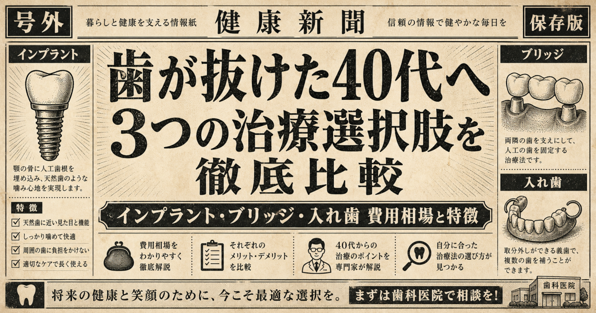 歯が抜けた40代必見！後悔しない3つの治療選択肢と費用相場を比較