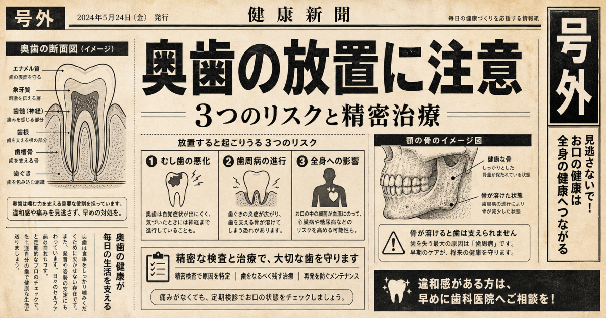 奥歯が抜けたまま放置は危険？3つのリスクと痛みを抑えた治療法