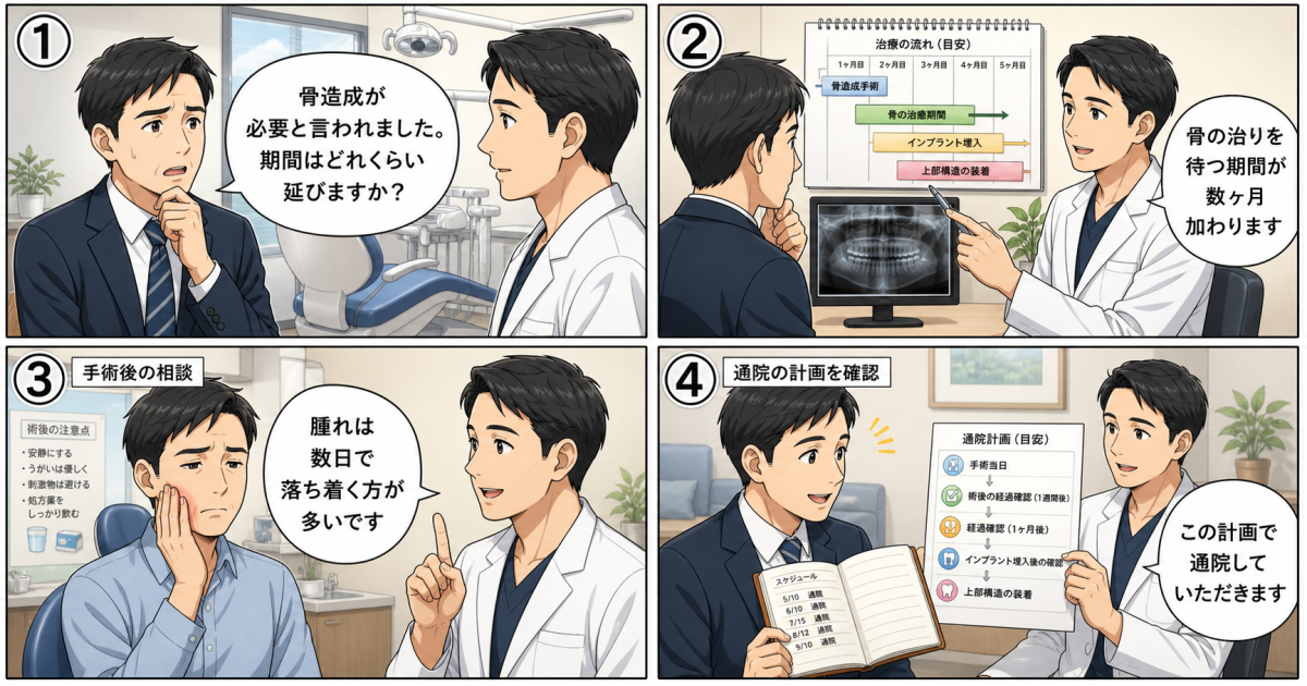 インプラントの骨造成で期間は延びる？種類別の流れと仕事への影響