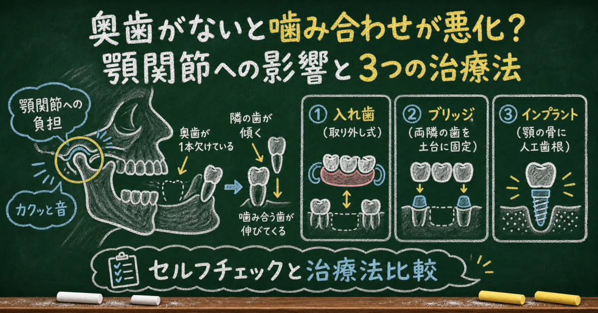 奥歯が無いと噛み合わせが悪化？顎関節の影響と3つの治療法