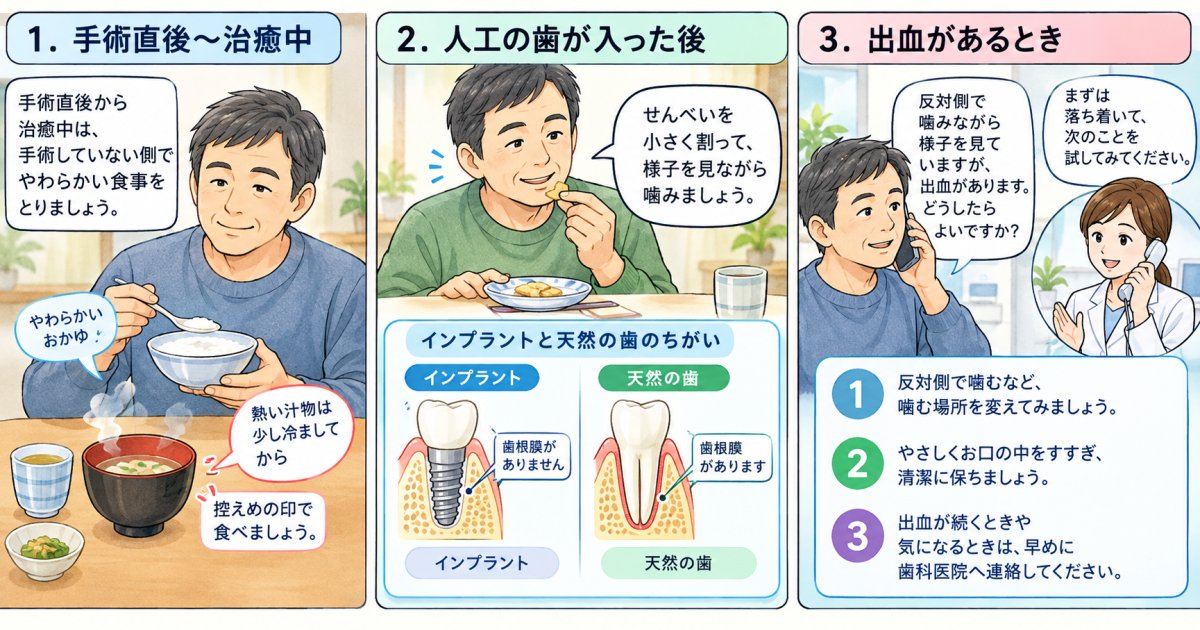 インプラント後の食事は、治療直後と人工の歯が入った後でどう変わる？