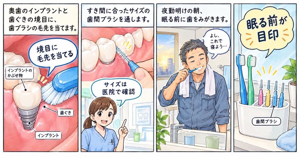 人工歯根を長持ちさせる清掃を、交代勤務でも続けるには