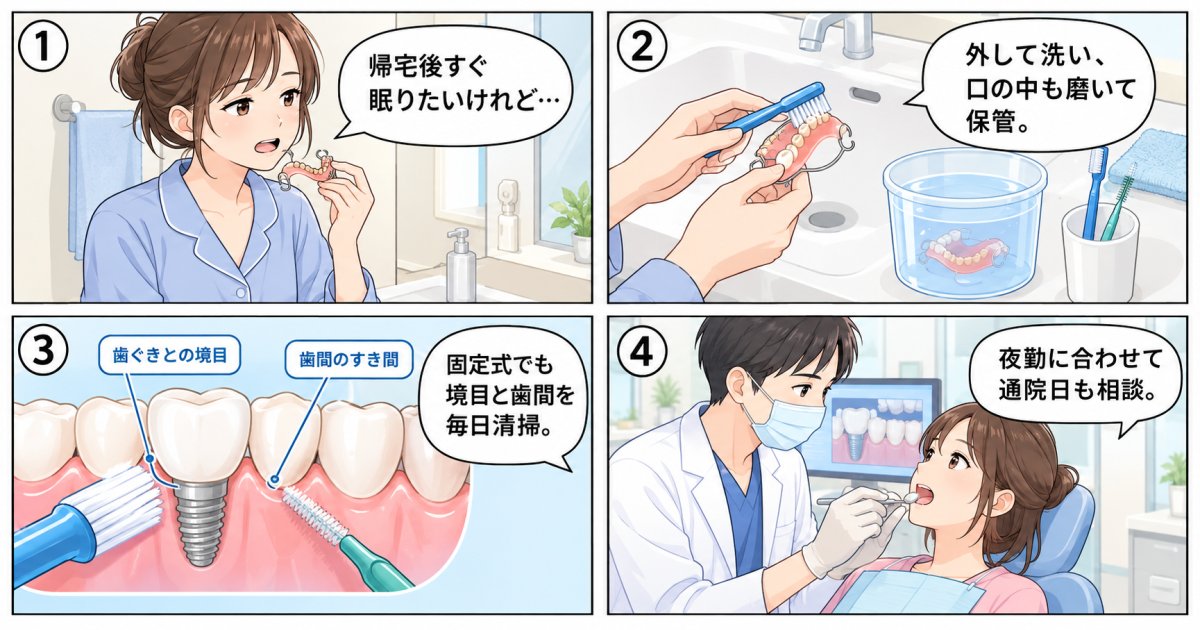 夜勤後も続けられる？部分入れ歯とインプラントの手入れ・通院