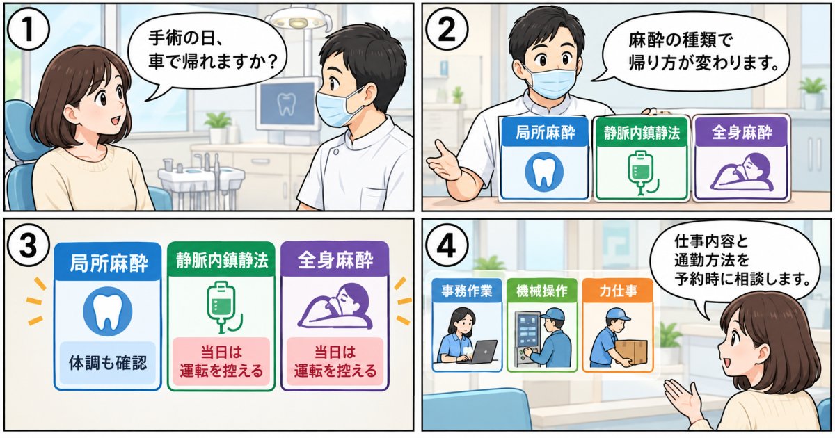 手術当日の仕事や車の運転への影響、麻酔別に確認したい再開時期