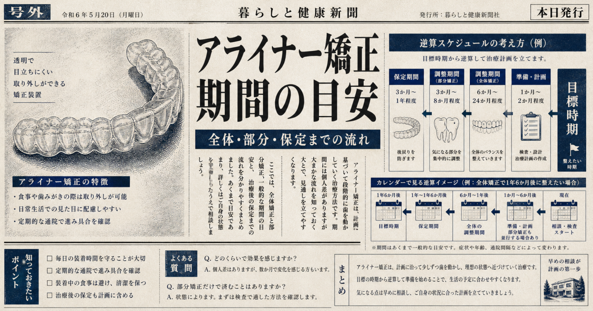 大切な予定に向けたアライナー矯正の期間は？全体・部分と保定目安