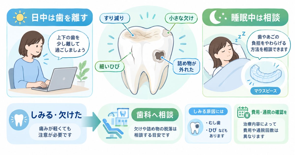 歯ぎしり・食いしばりで歯がしみる？欠けたときの対処と受診目安
