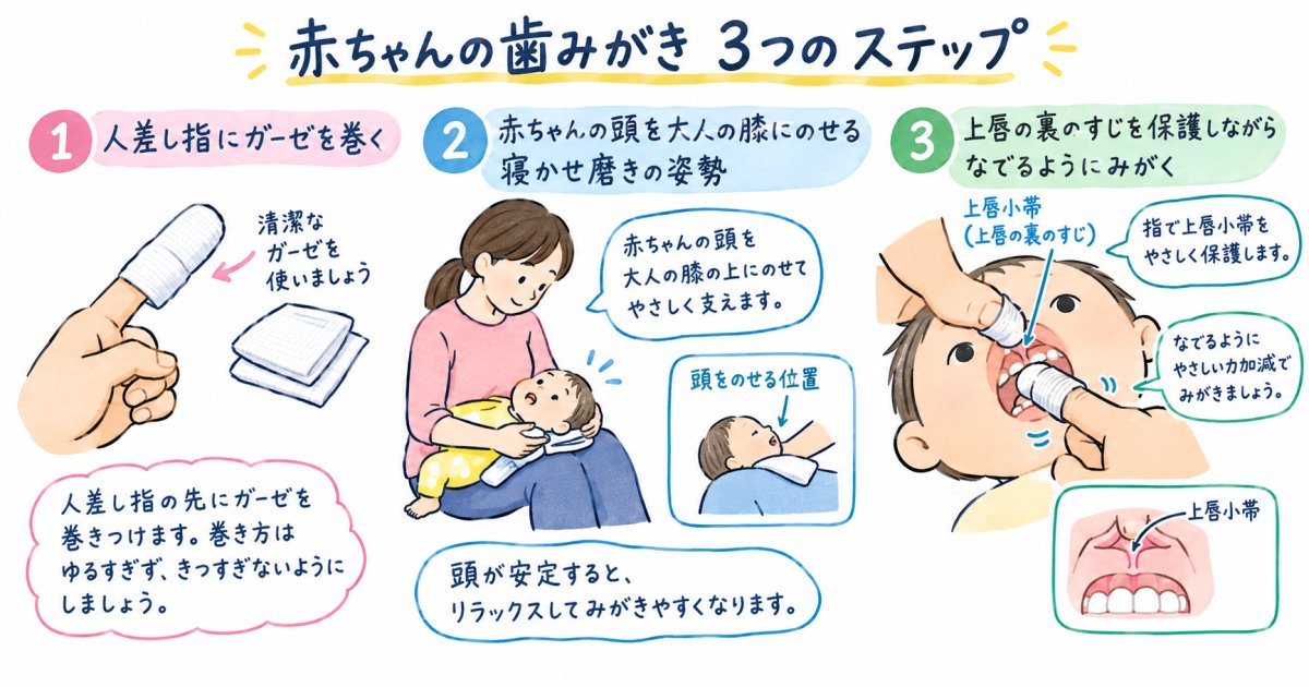 ガーゼの湿らせ方と指への巻き方、歯ぐきを傷つけない力加減